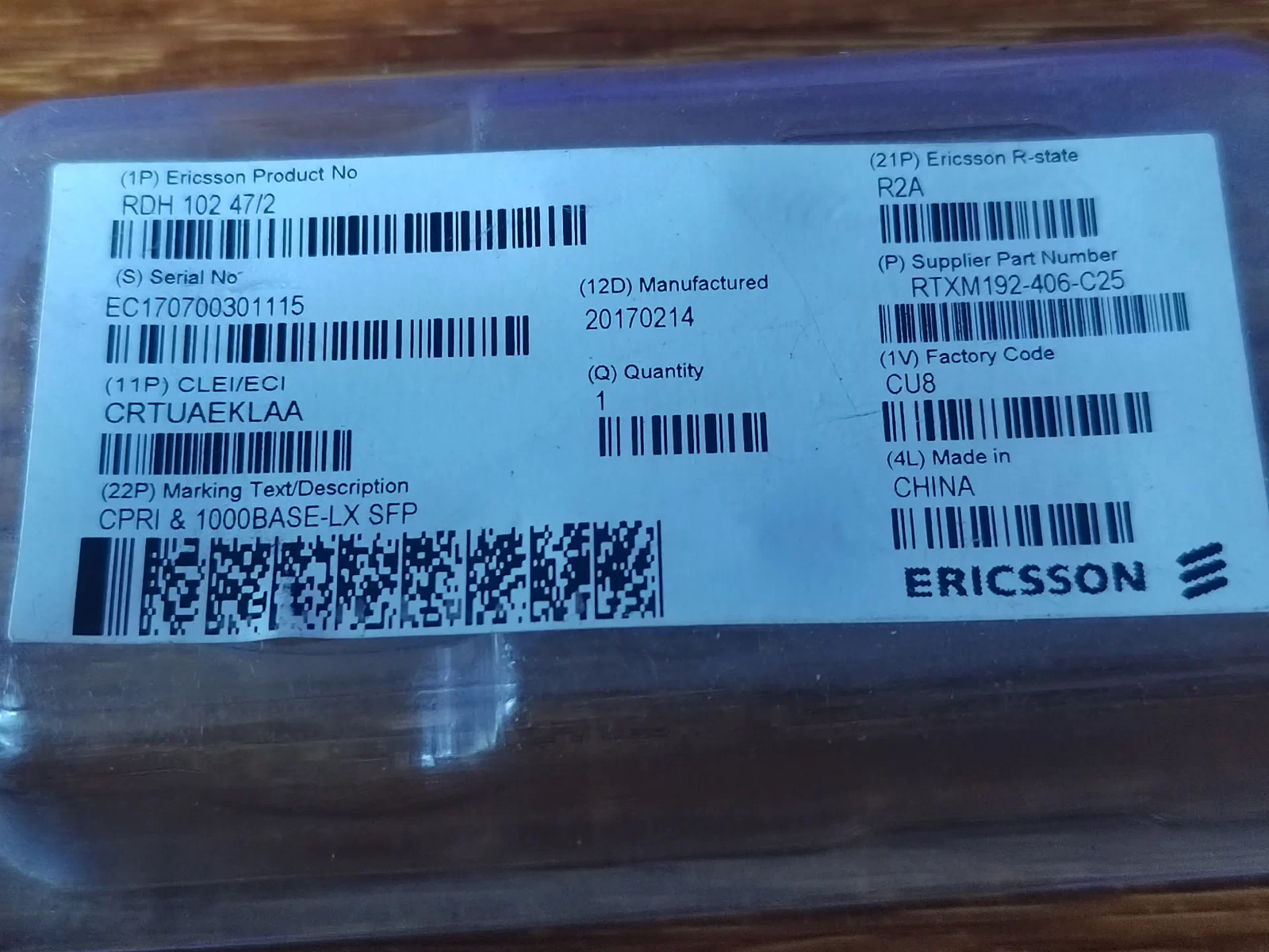 Ericsson RDH10247/2 (RTXM192-406-C25) CPRI & 1000BASE-LX SFP optical module for LTE/5G base stations, tested quality, fast delivery, bulk orders
